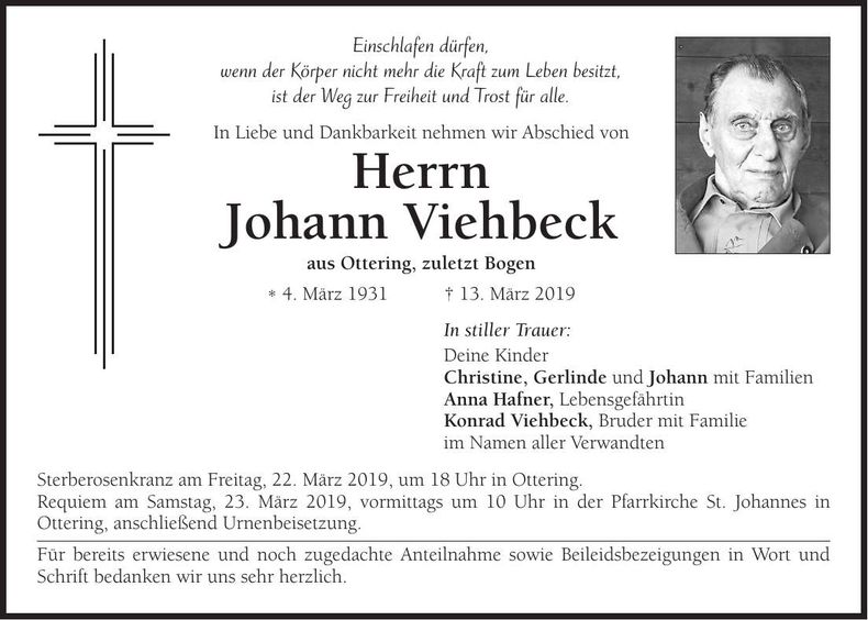 Traueranzeige Johann Viehbeck