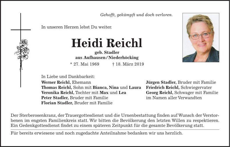 Traueranzeige Heidi Reichl