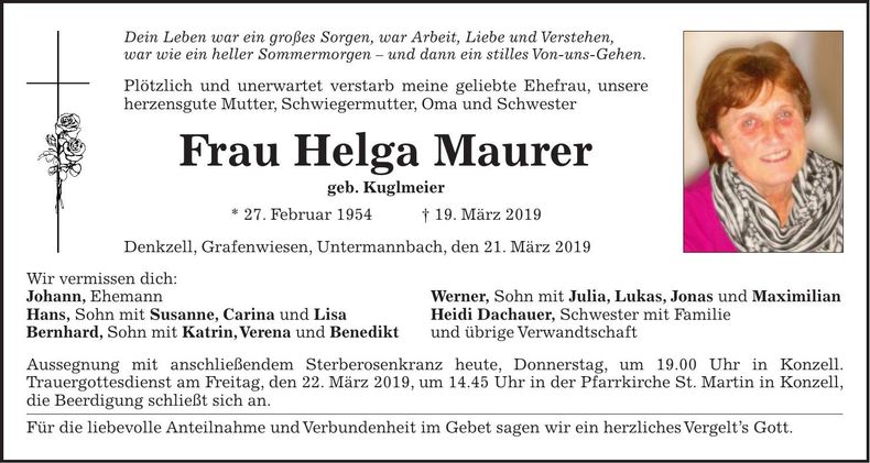 Traueranzeige Helga Maurer