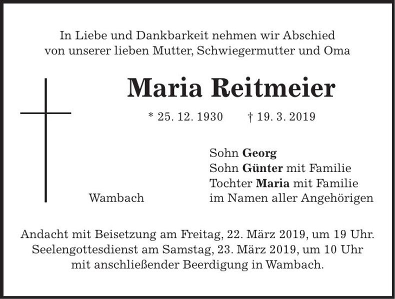 Traueranzeige Maria Reitmeier