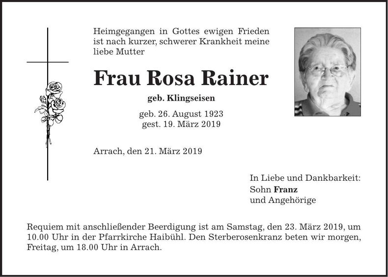 Traueranzeige Rosa Rainer