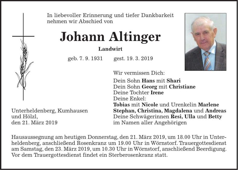 Traueranzeige Johann Altinger
