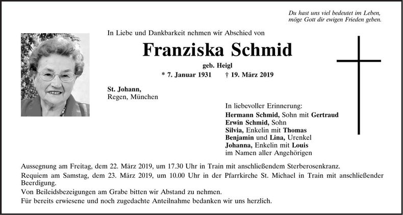 Traueranzeige Franziska Schmid