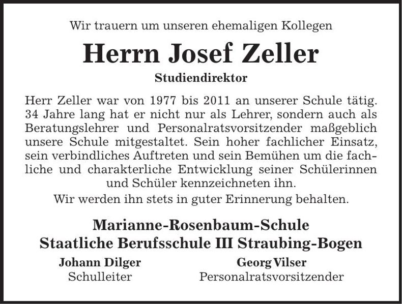 Traueranzeige Josef Zeller