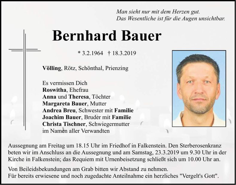 Traueranzeige Bernhard Bauer