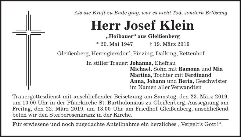 Traueranzeige Josef Klein