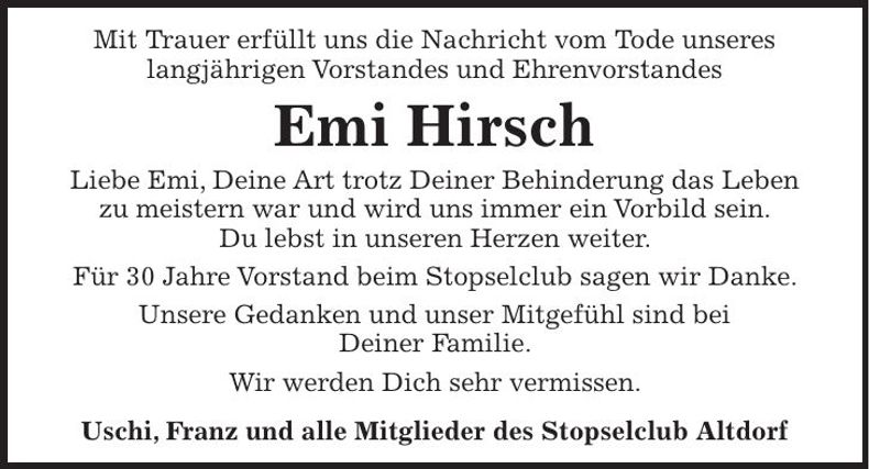 Traueranzeige Emi Hirsch