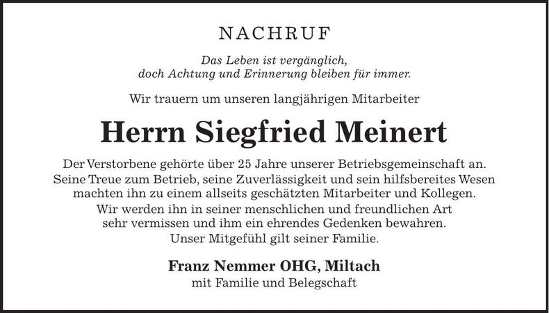 Traueranzeige Siegfried Meinert