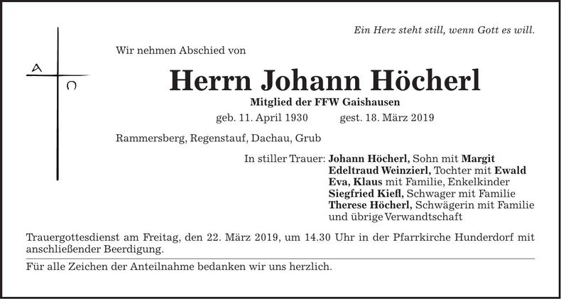 Traueranzeige Johann Höcherl