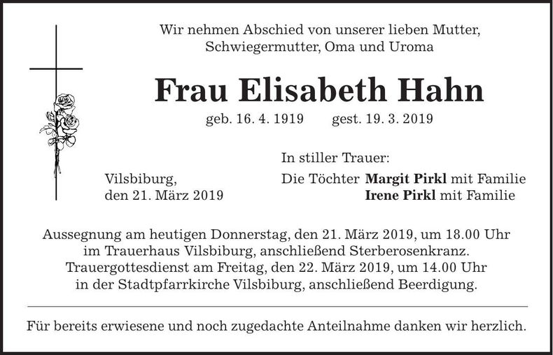 Traueranzeige Elisabeth Hahn