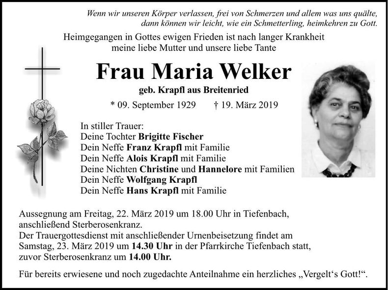 Traueranzeige Maria Welker