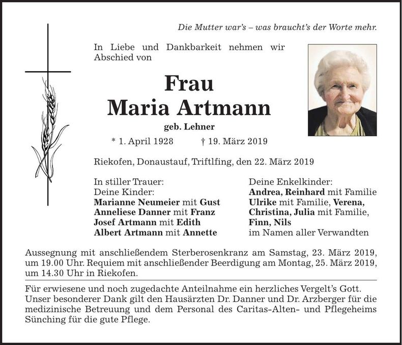 Traueranzeige Maria Artmann
