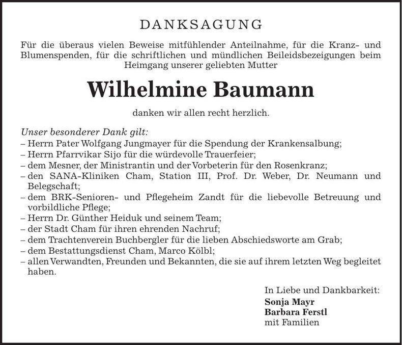 Traueranzeige Wilhelmine Baumann