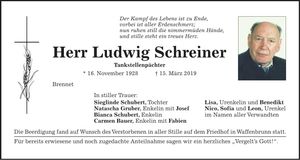 Traueranzeige Ludwig Schreiner