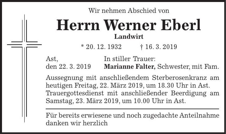 Traueranzeige Werner Eberl