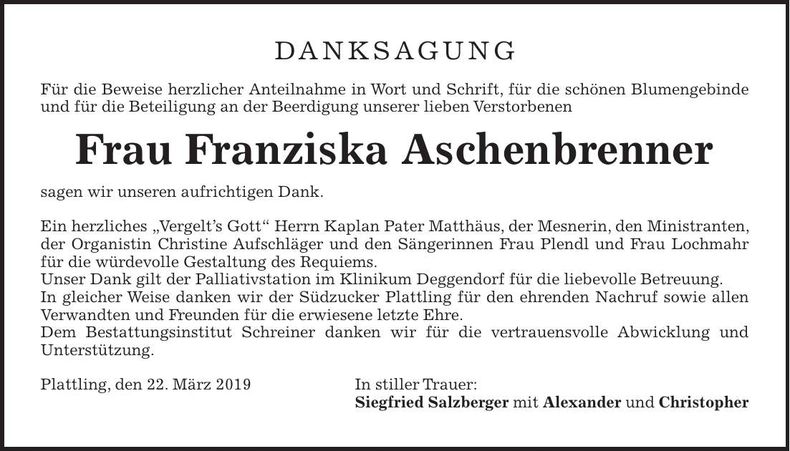 Traueranzeige Franziska Aschenbrenner
