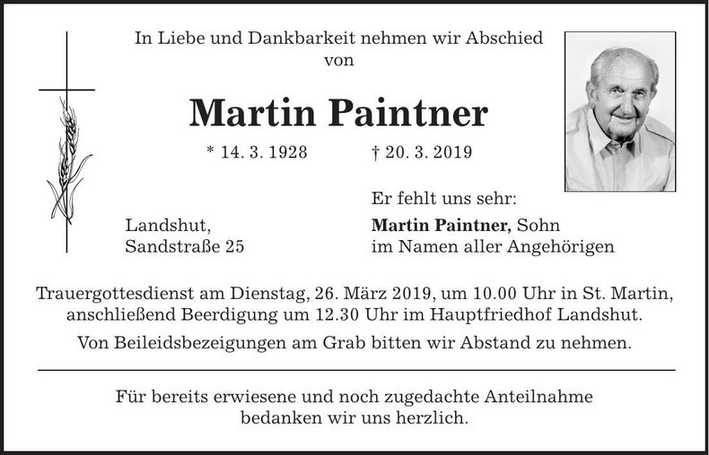 Traueranzeige Martin Paintner