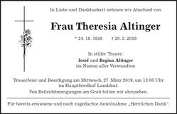 Traueranzeige Theresia Altinger