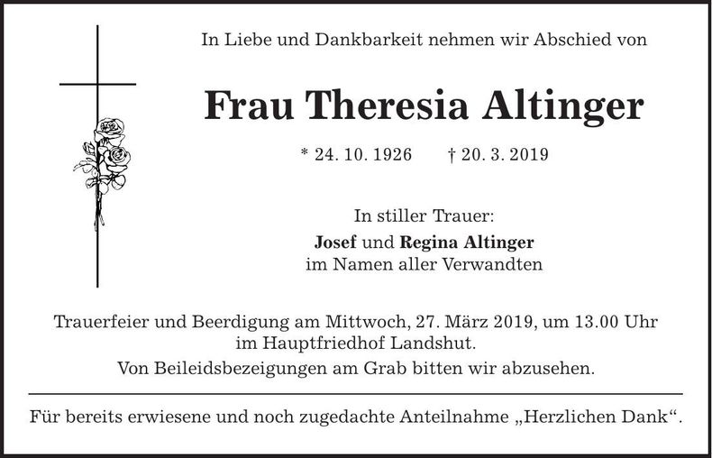 Traueranzeige Theresia Altinger