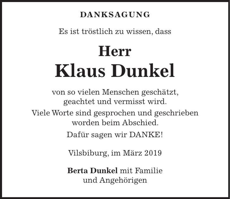 Traueranzeige Klaus Dunkel
