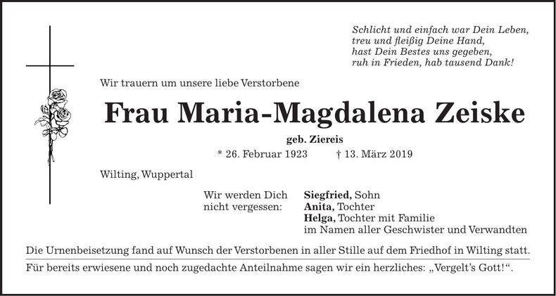 Traueranzeige Maria-Magdalena Zeiske