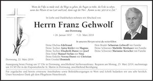Traueranzeige Franz Gehwolf
