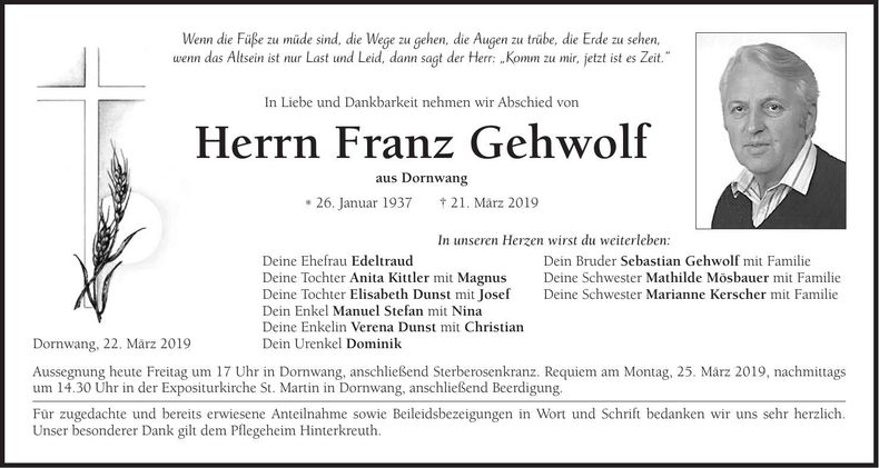 Traueranzeige Franz Gehwolf