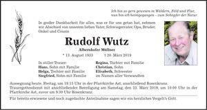 Traueranzeige Rudolf Wutz