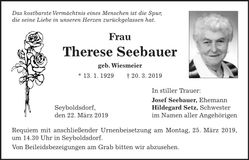 Traueranzeige Therese Seebauer