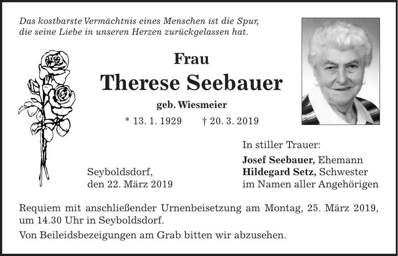 Traueranzeige Therese Seebauer