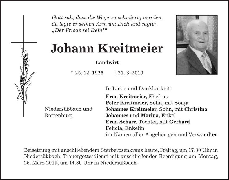 Traueranzeige Johann Kreitmeier