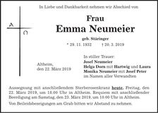 Traueranzeige Emma Neumeier