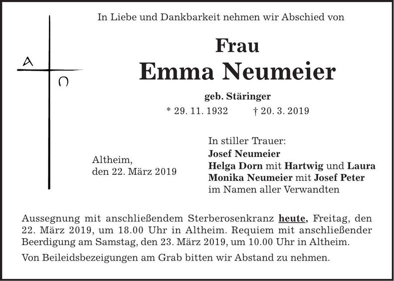 Traueranzeige Emma Neumeier