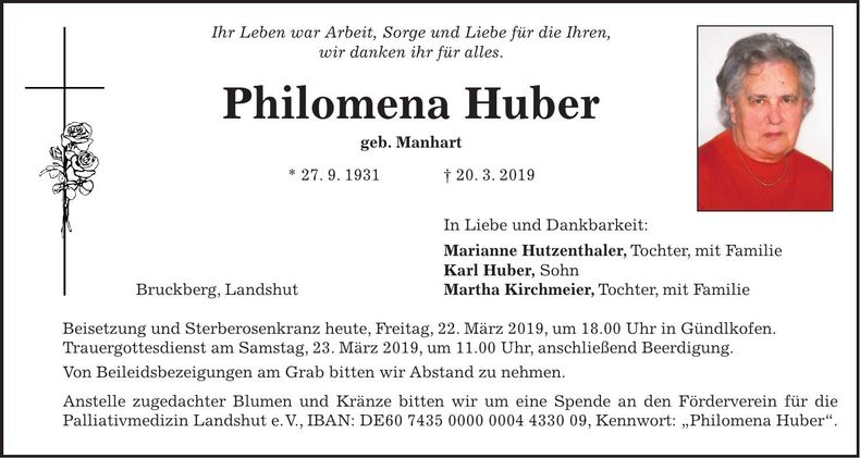 Traueranzeige Philomena Huber