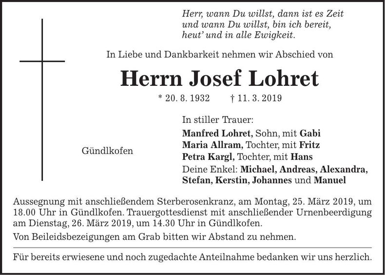 Traueranzeige Josef Lohret