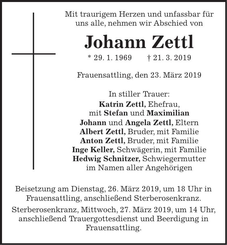 Traueranzeige Johann Zettl