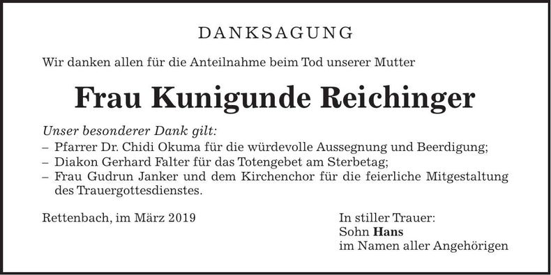 Traueranzeige Kunigunde Reichinger