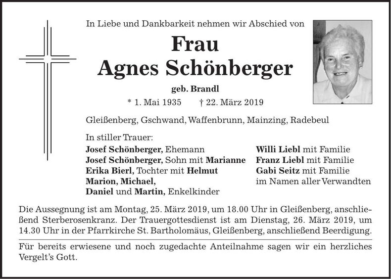 Traueranzeige Agnes Schönberger