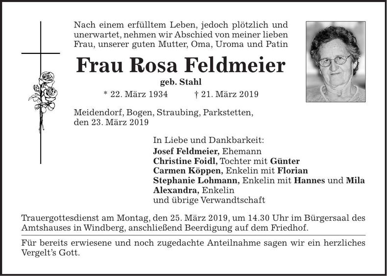 Traueranzeige Rosa Feldmeier