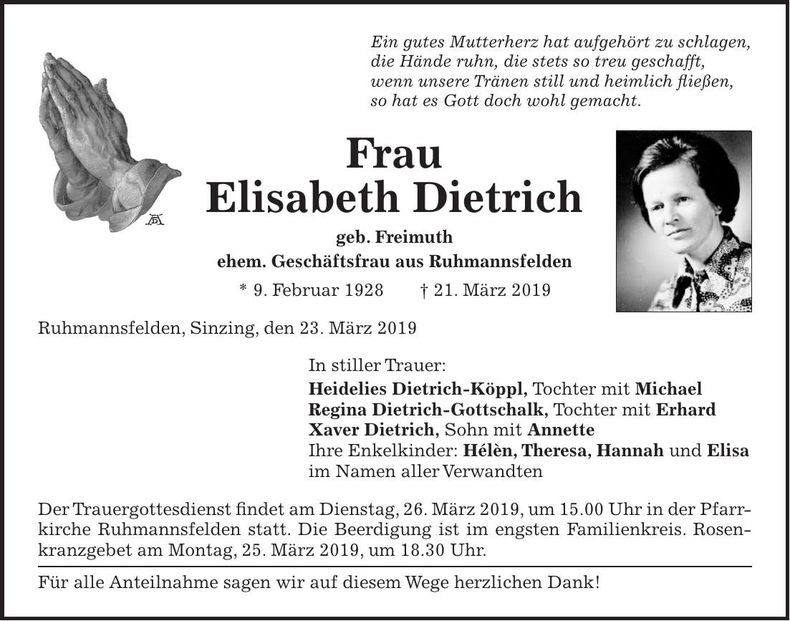Traueranzeige Dietrich Elisabeth