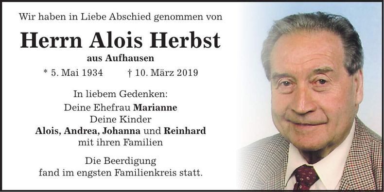 Traueranzeige Alois Herbst