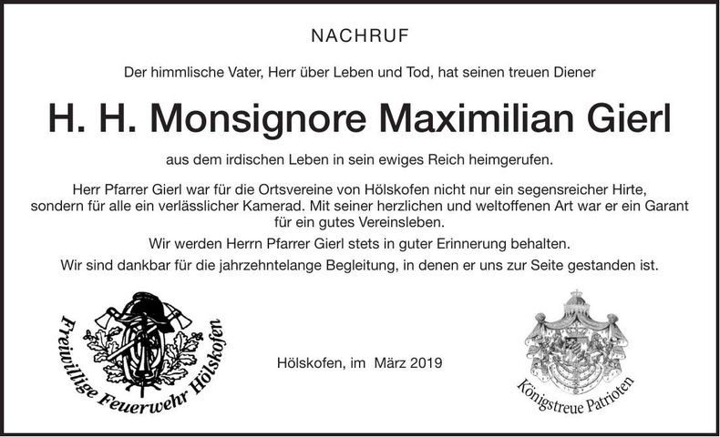 Traueranzeige H. H. Monsignore Gierl Maximilian