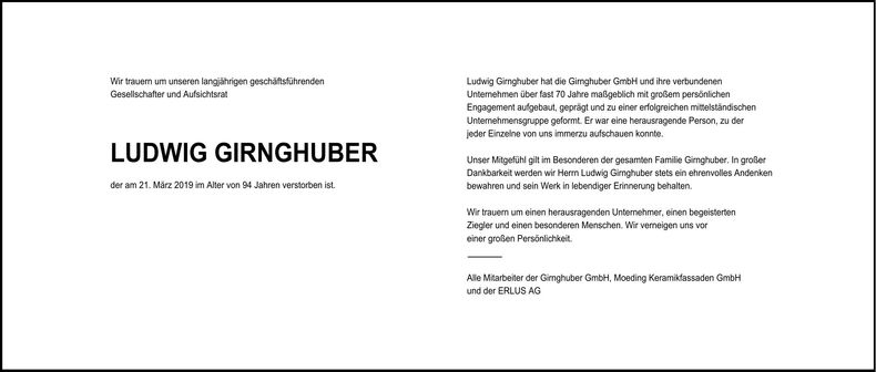 Traueranzeige Ludwig Girnghuber