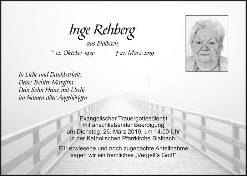 Traueranzeige Inge Rehberg