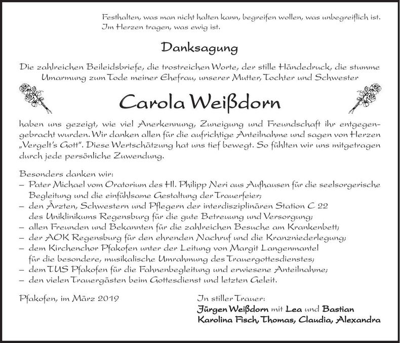 Traueranzeige Carola Weißdorn