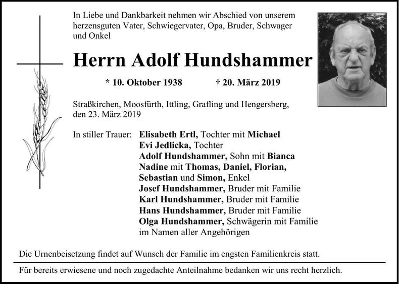 Traueranzeige Adolf Hundshammer