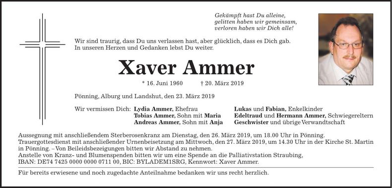 Traueranzeige Xaver Ammer