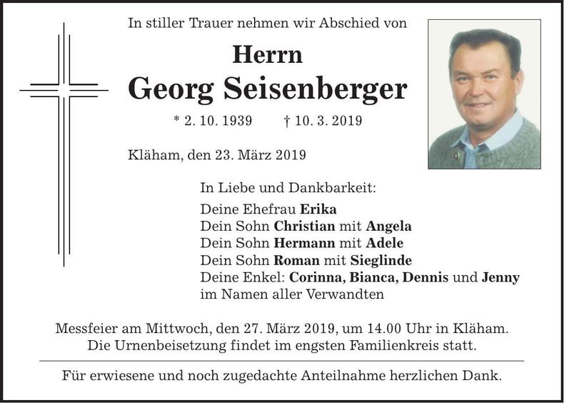 Traueranzeige Georg Seisenberger