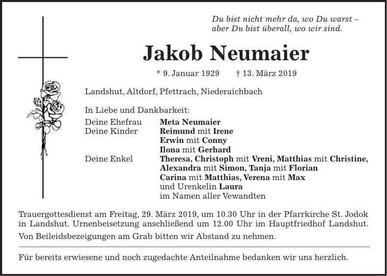 Traueranzeige Jakob Neumaier