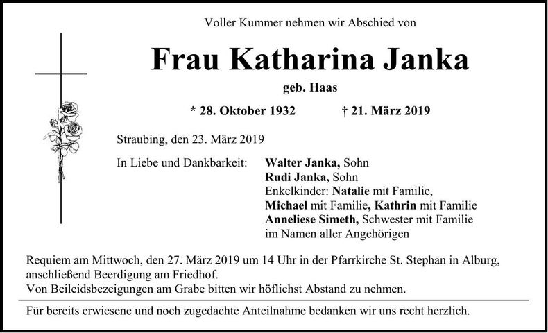 Traueranzeige Katharina Janka
